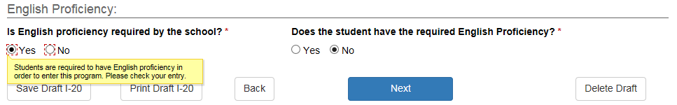 English Proficiency Section of Contact and Program Information Page with No Response