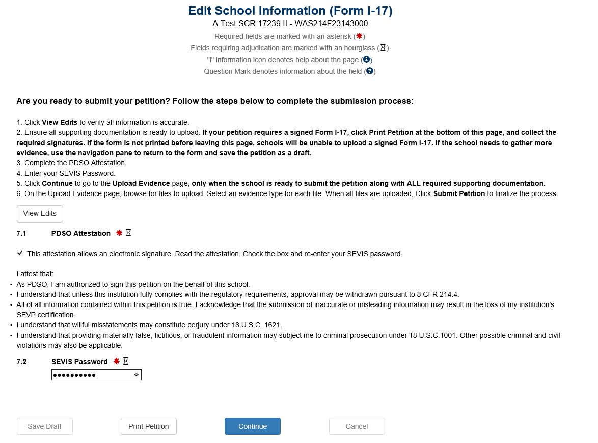 Update School Information (Form I-17) page submit page