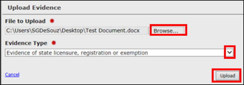 Upload Evidence Modal window