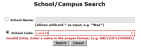 Invalid school code entry