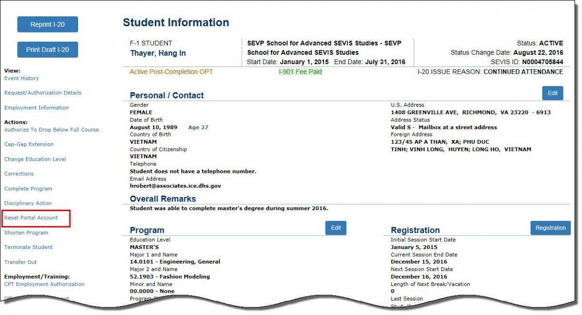 the Student Information page
