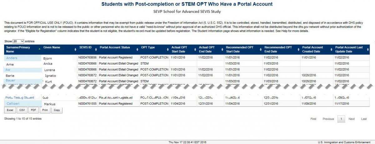 A list of students with SEVP Portal accounts and displayed in a list on SEVIS