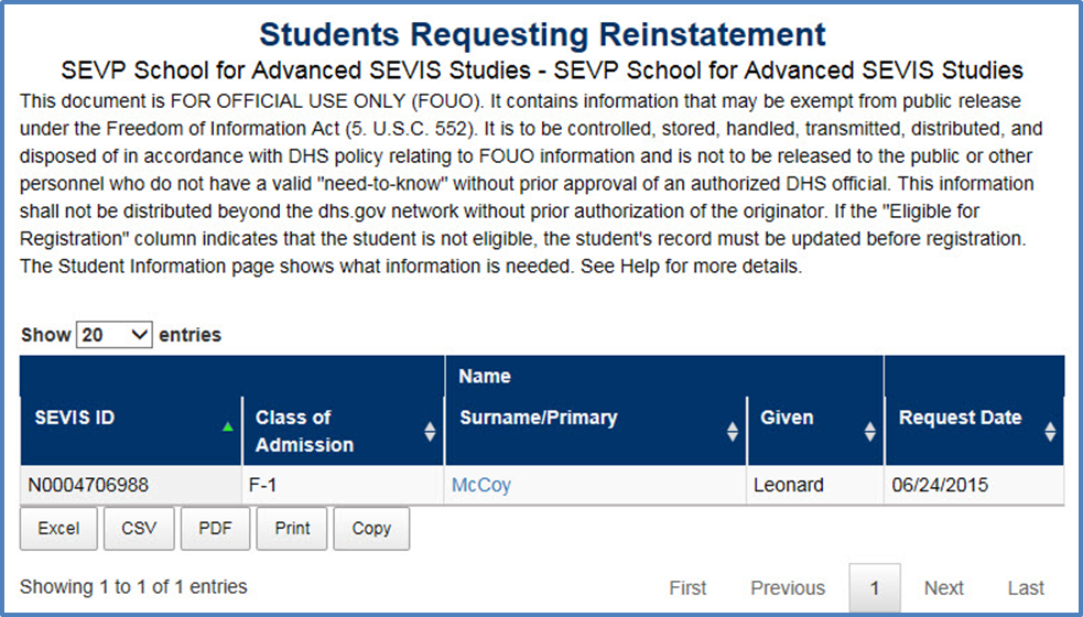 Students Requesting Reinstatement 