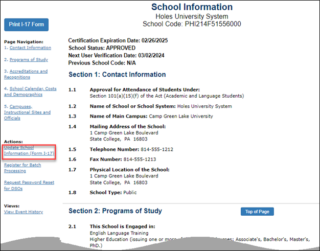 View of the Update School Information link