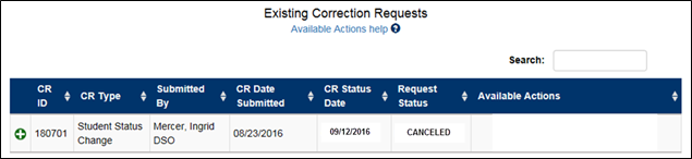 Screenshot of the Corrections Management page with Existing Correction Requests section indicated canceled request.