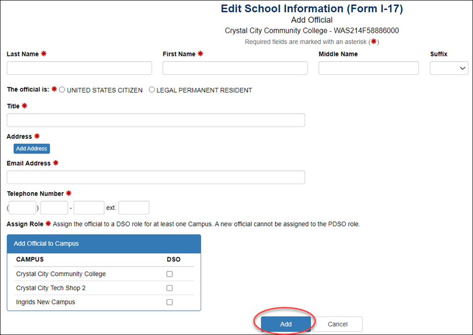 Add Official page with Add button in red.