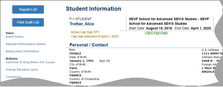 Student information page