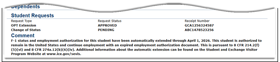 Change of status comment